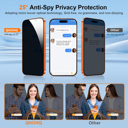 QHOHQ [1-Second Auto-Install] 3 Pack Privacy Screen Protector for iPhone 17 Pro Max [6.9 Inch] + 1 Set Camera Lens Protector, 25° Anti Spy Tempered Glass, [Military Grade Shatterproof], Case Friendly
