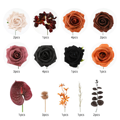 Floweroyal Halloween Artificial Flowers Black Flowers Mix Silk Flowers Fake Roses with Stems for DIY Wedding Bridal Bouquets, Baby Shower, Floral Arrangement, Table Centerpieces, Home Decorations