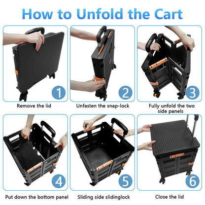 FELICON SELORSS Foldable Utility Cart Folding Portable Rolling Crate Handcart with Durable Heavy Duty Plastic Telescoping Handle Collapsible 4 Rotate Wheels for Travel Shop Move Luggage Office(Black)