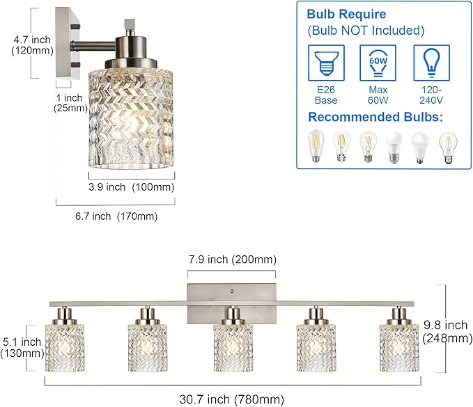 MELUCEE 5 Lights Brushed Nickel Bathroom Light Fixture Modern Light Fixtures Wall Mounted Modern Vanity Lighting with Hammered Glass Shade Suitable for Bathroom Mirror Sink Cabinet