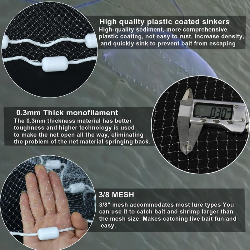Drasry Saltwater Fishing Cast Net 3/8 and 1/4 Mesh with Heavy Duty Gray Sinker American Monofilament Fish Throw Net for Bait Trap 3FT 4FT 5FT 6FT 7FT 8FT 9FT 10FT Radius 3/8, 10FT Radius, 300