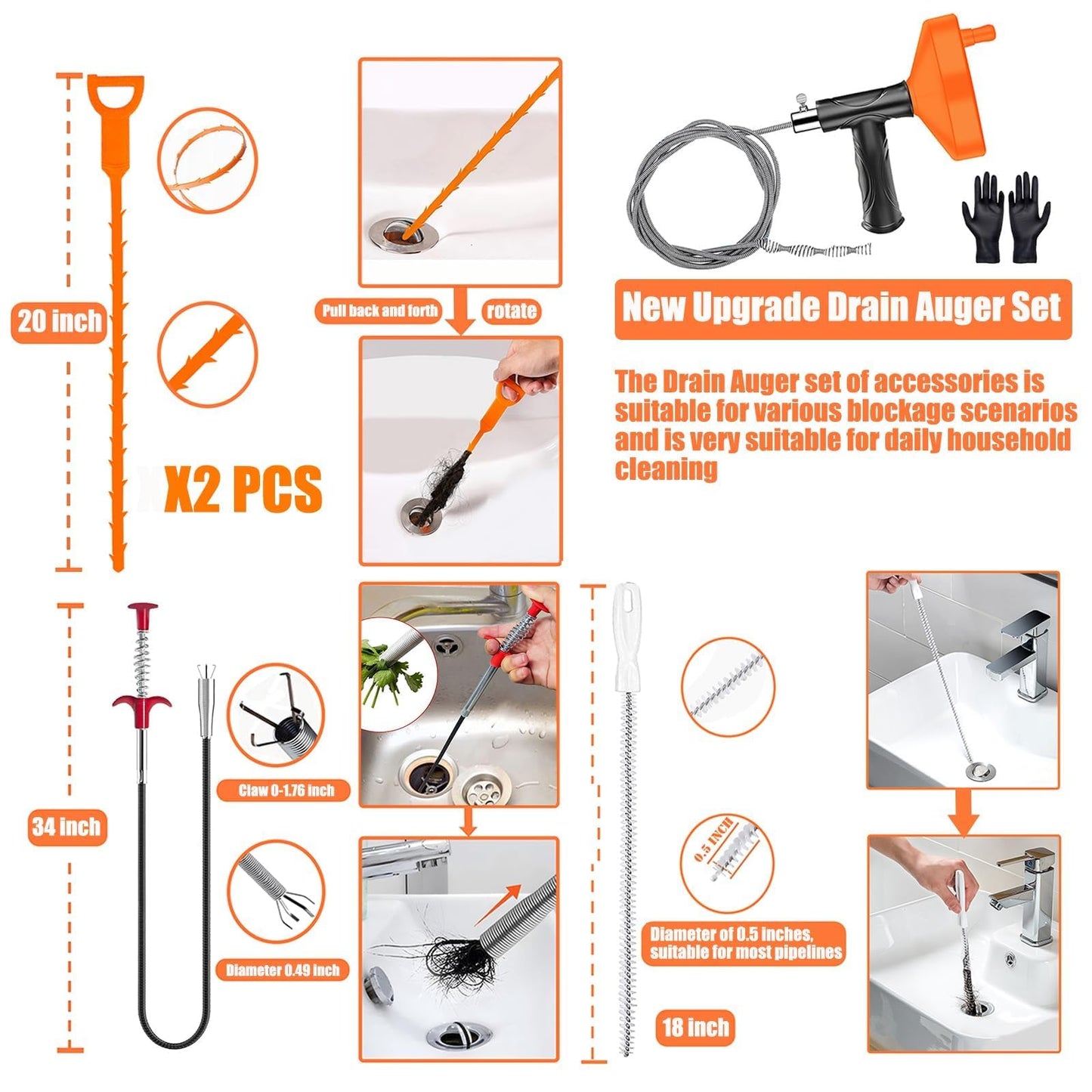 33 Feet Drain Snake Auger, Plumbing Snake Drain Hair Clog Removal Tool, Sink Unclogger Drain, Heavy Duty Drum Auger, Cleaner Tool for Bathroom Kitchen Tub Shower Drain Clog Remover with Gloves，Orange