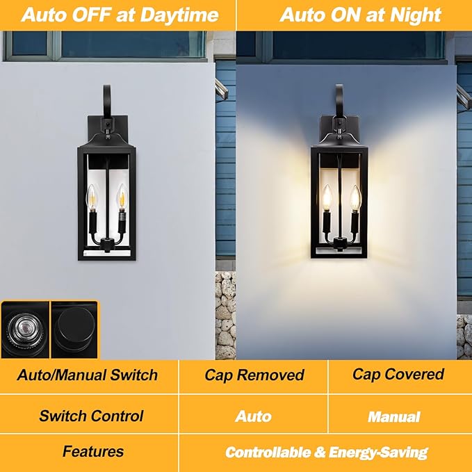 Black Dusk to Dawn Outdoor Wall Lantern 2-Light, 19" Large Outside Modern Porch Sconce Light Fixture, Industrial Porch Light Wall Mount with Glass, Waterproof Farmhouse Exterior Lamp Lighting