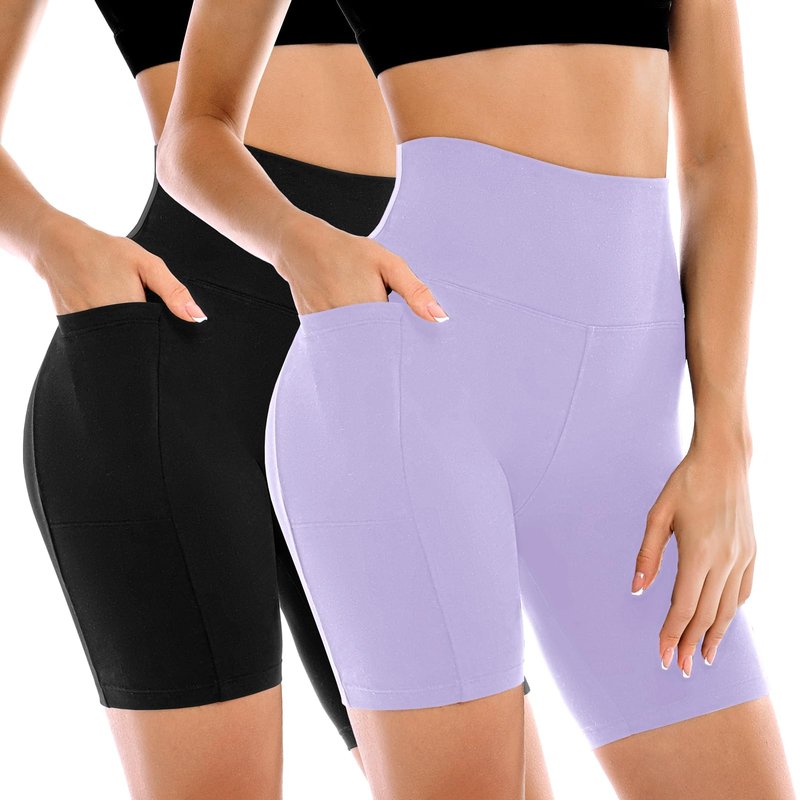 Leafigure 2 Pack Womens Biker Shorts with Pockets, High Waisted Tummy Control Yoga Shorts for Women Running Gym and Workout Black/Light Purple L-XL