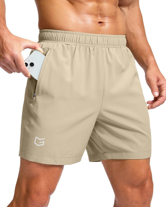 G Gradual Men's Athletic Running Shorts with Zipper Pockets Quick Dry 7"/ 5"/ 9" Workout Gym Shorts for Basketball Hiking(Khaki,5L)