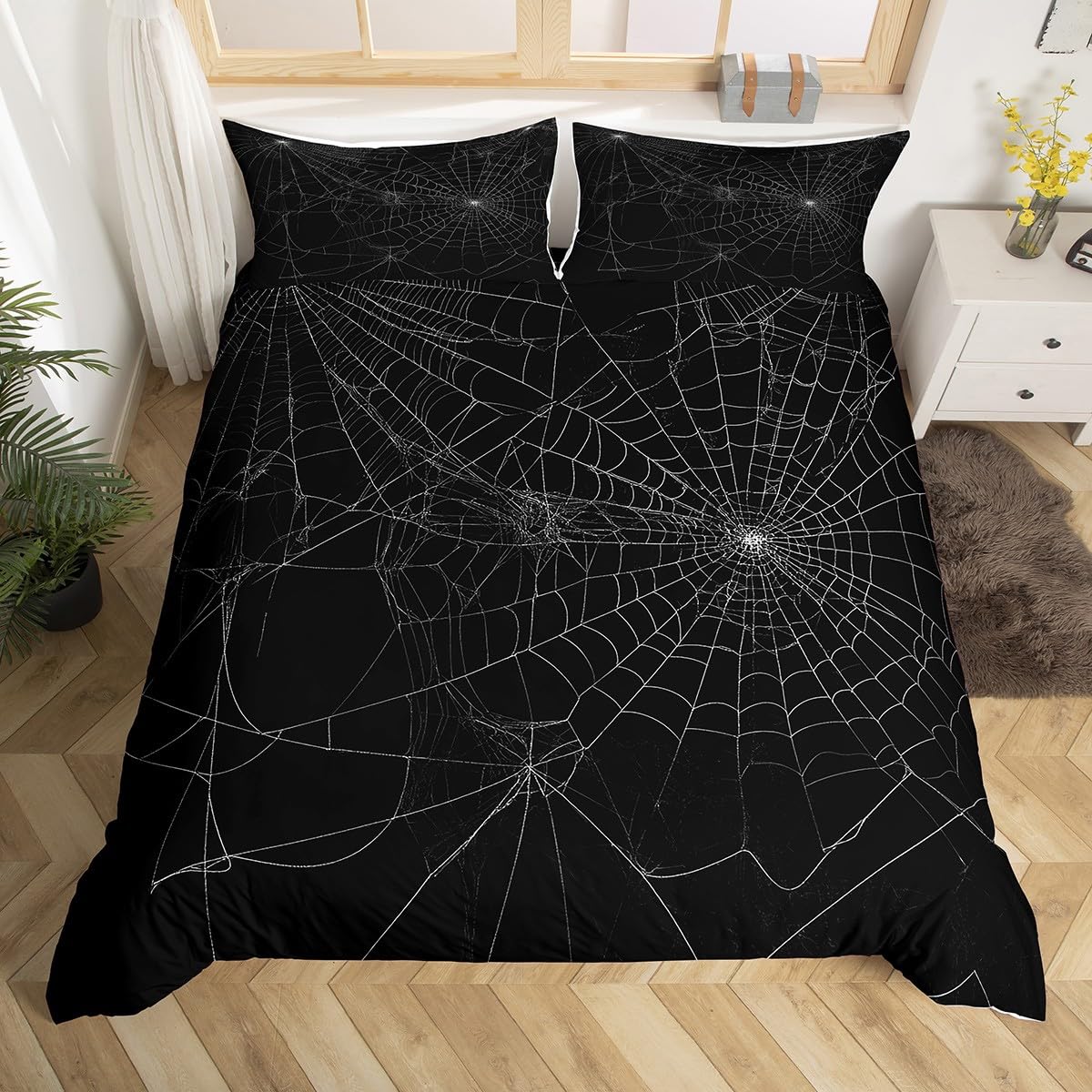 Spider Web Bedding Duvet Cover Set Kids Halloween Theme Spider Print Bedding Set Boys Girls Black White Decor Comforter Cover Microfiber Trick or Treat Bedspread Cover Bedroom Bedclothes Queen Size