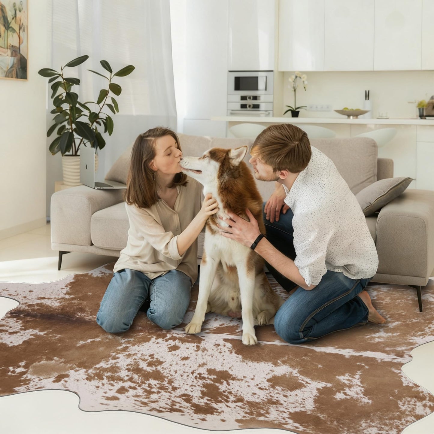 Faux Cowhide Rug 4.6x5.2 ft Cow Hide Faux Cowhide for Living Room Bedroom Dining Room Home Office Brown Cow Rug Carpet Western for Home Decor-NO Fur