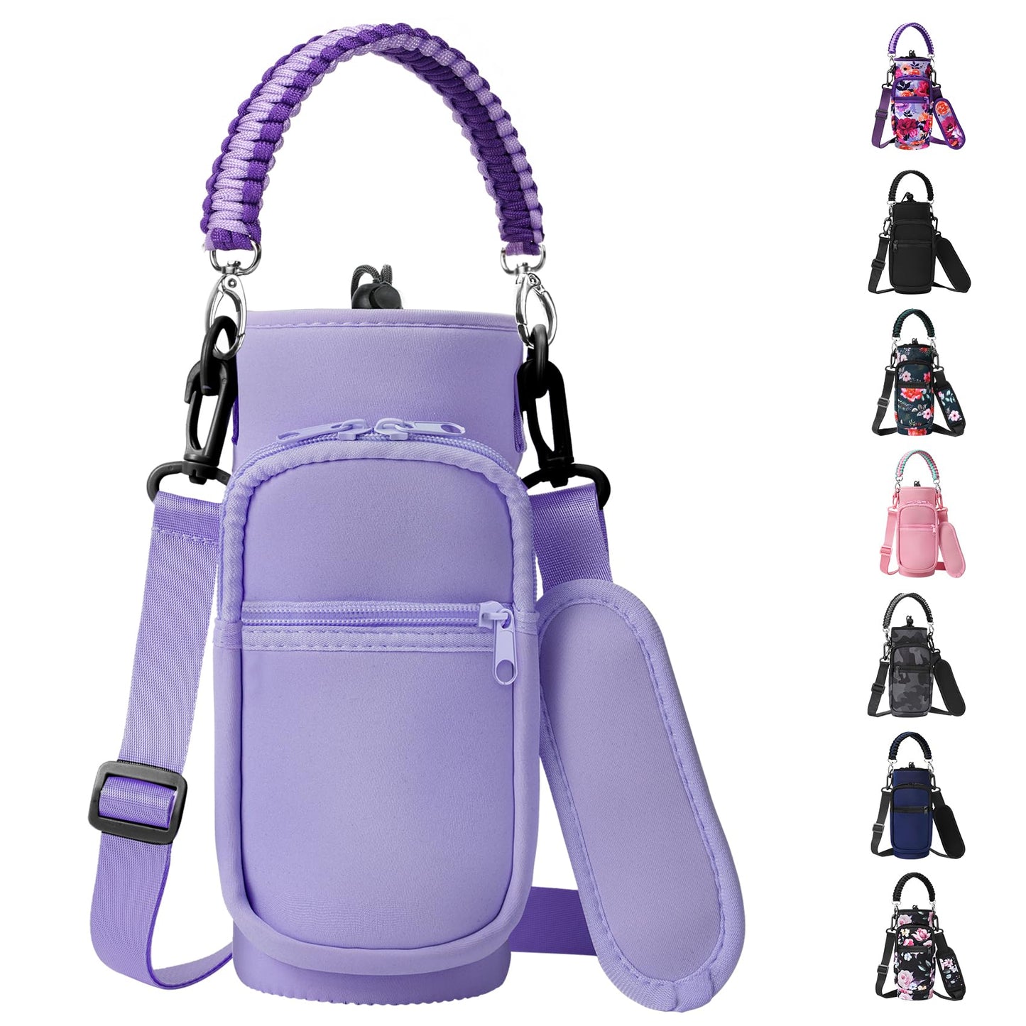 AceTreker 32/40/64/128 oz Neoprene Insulated Water Bottle Carrier Bag, Sport Bottle Sleeve Pouch Holder with Strap & Paracord Handle and 2 Pocket for Travelling, Hiking, Camping-Purple