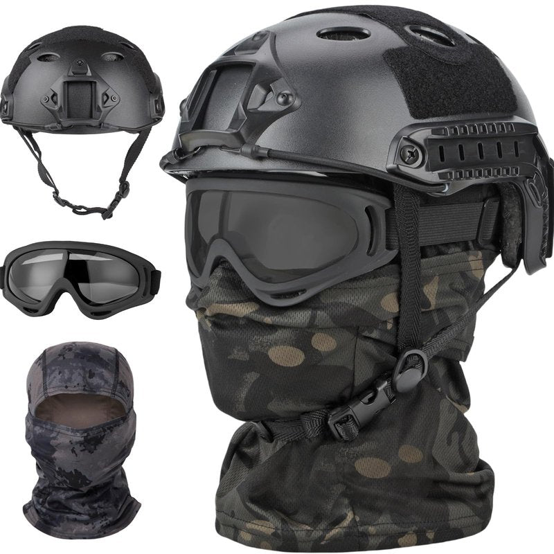 SANYETS Airsoft Helmet, Black PJ Tactical Helmet with Night Vision Mount,Paintball Goggles and Balaclava Face Mask,Men's Military Costume,Tactical Airsoft Gear