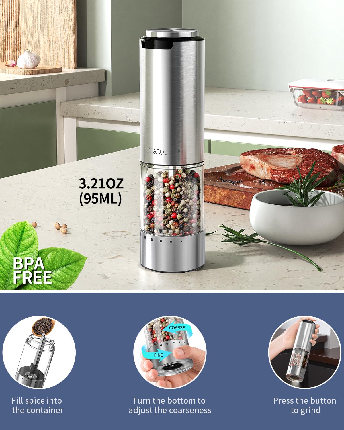 CIRCLE JOY Electric Pepper Grinder Stainless Steel Rechargeable Pepper Mill with External Adjustable Coarseness, 95ml Container and White LED Light, Silver
