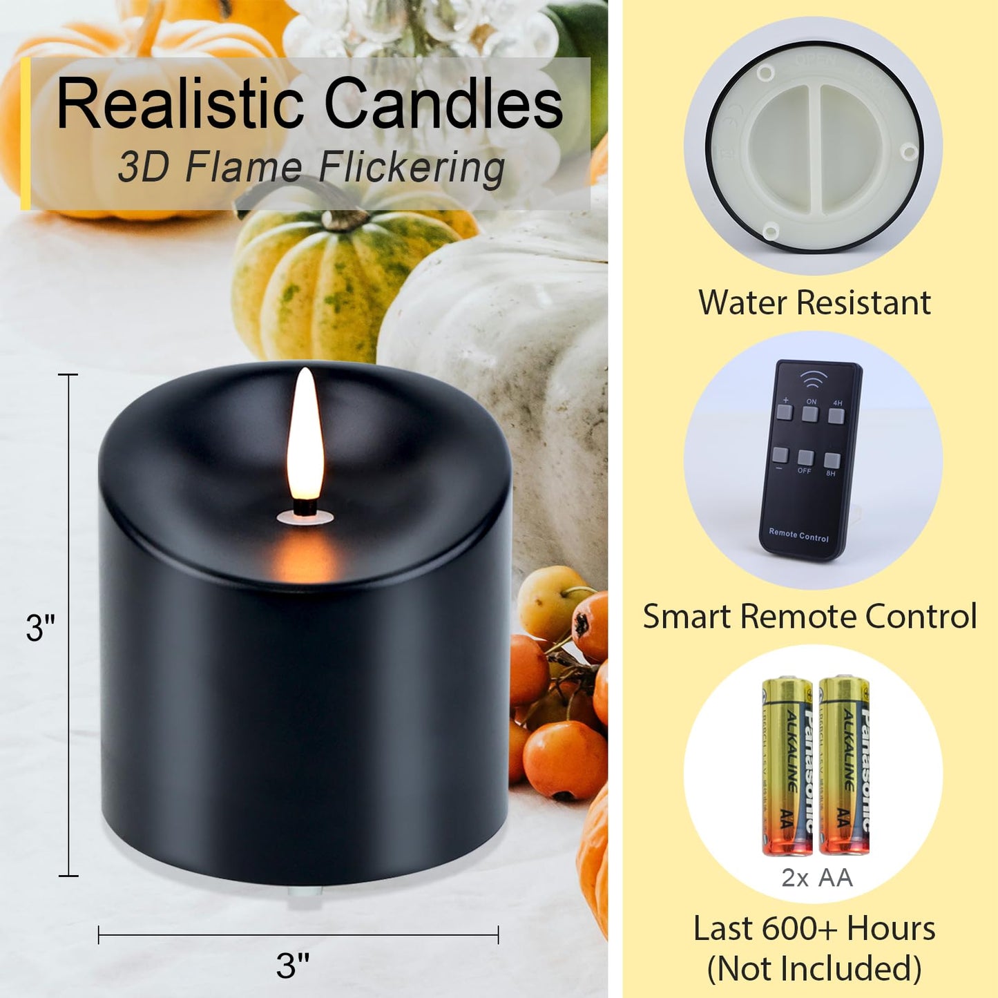 TECHLONG Black Outdoor Waterproof Flameless Candles with Timer, Remote Control Battery Operated Candles Flickering Last 600 Hours, 3"x3" Electric Fake LED Candles for Halloween Decoration, Set of 3