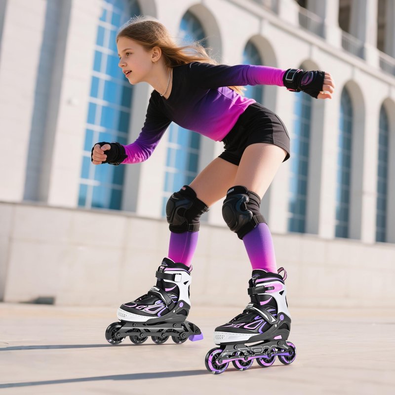 2PM SPORTS Vinal Inline Skates for Girls Boys Kids Ages 5-8 8-12 with Adjustable Illuminating Wheels, Inline Roller Skates for Youth Women Men - Purple Pink Large