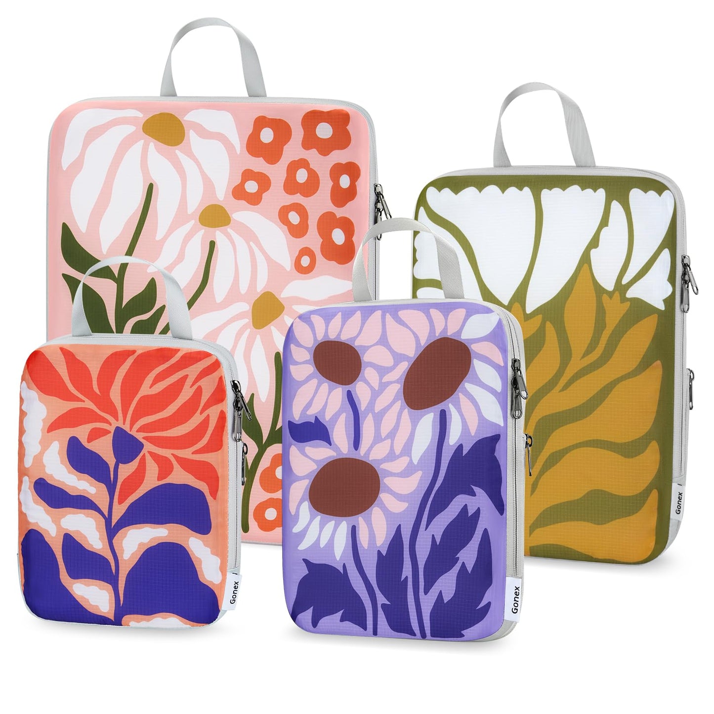 Gonex Compression Packing Cubes, 4pcs Expandable Storage Travel Luggage Bags Organizers, Travel Cubes for Suitcase Carry On (Flowers)