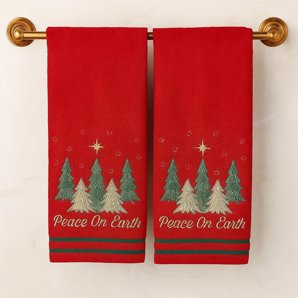 Serafina Home Christmas Hand Towels for Bathroom – Set of 2 Red 100% Cotton Embroidered Christmas Trees & “Peace On Earth” Phrase Design – 25 x 16” Decorative Holiday Bath & Kitchen Towels