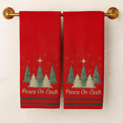 Serafina Home Christmas Hand Towels for Bathroom – Set of 2 Red 100% Cotton Embroidered Christmas Trees & “Peace On Earth” Phrase Design – 25 x 16” Decorative Holiday Bath & Kitchen Towels