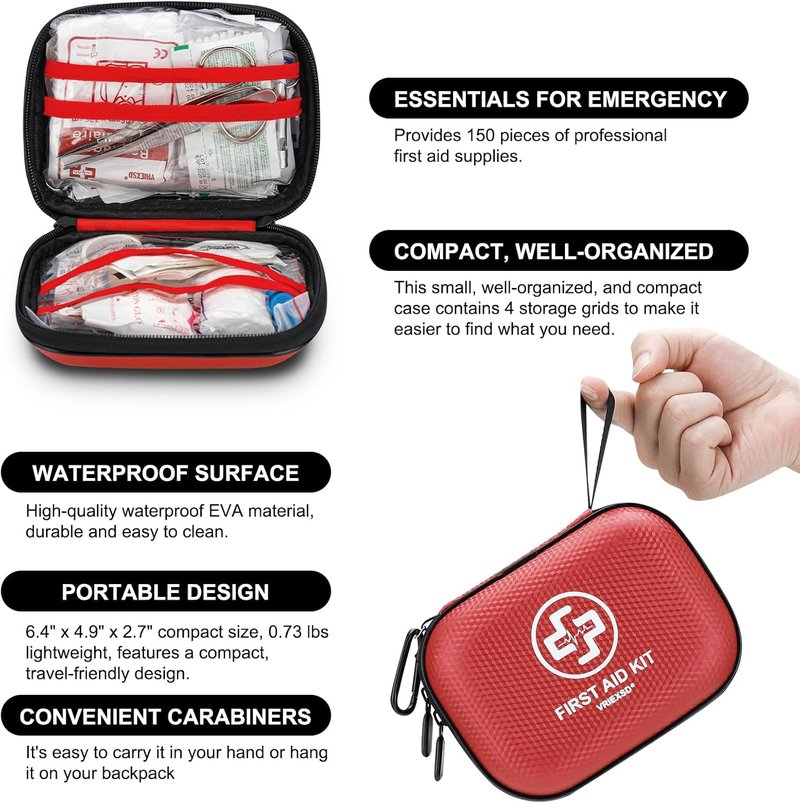 Mini First Aid Kit - 150-Piece Waterproof Hard Shell Medical Kit for Home, Travel & Outdoor Emergencies | Red