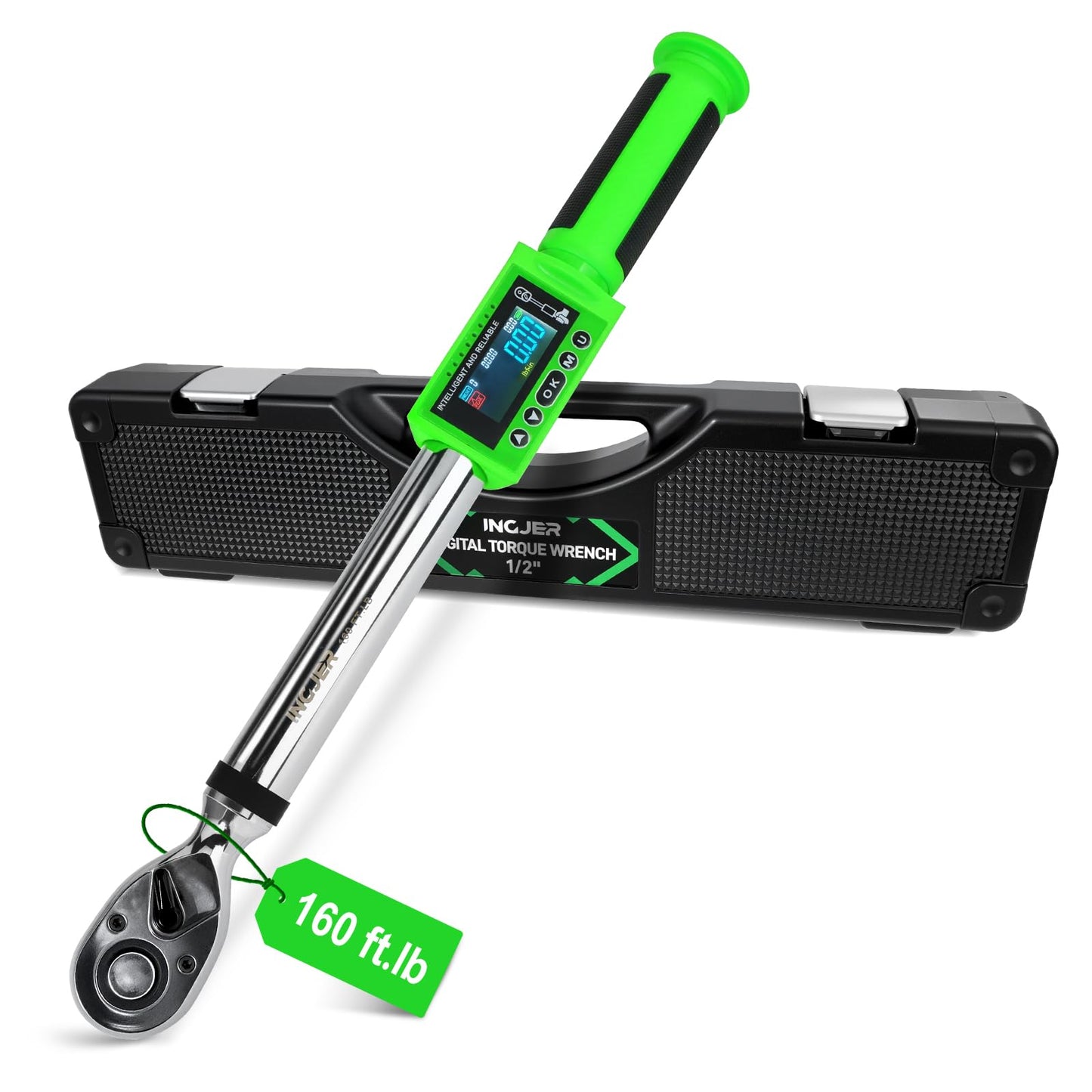 INGJER Electronic torque wrench, 1/2 Digital Torque Wrench 8-160FT-LB/10-220N.M, Torque Range Accurate to 2%, Torque Wrench with Buzzer and LED Flash Notification for Bike/Motorcycle/Auto Repair