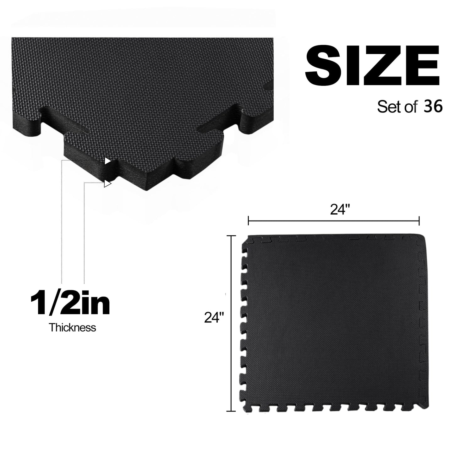 Elevon Puzzle Exercise Gym Flooring Mat, 1/2" Thick EVA Interlocking Foam Tiles Workout Mat for Home Gym, Fitness Equipment, MMA, Gymnastics, 36 Tiles Shock-Absorbing Exercise Mat, Black (144 Sq Ft)