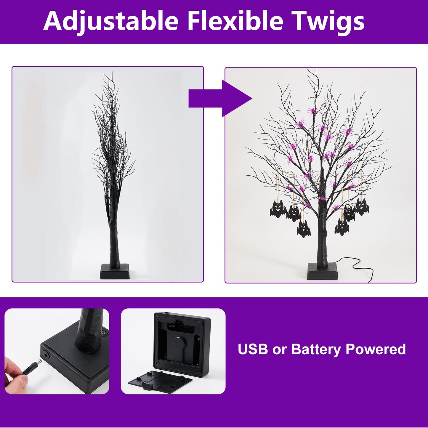 Beterzack 2FT Black Halloween Tree, Spooky Tree with 20 Spider & 24 Purple Lights and 6 Bat Decorations Battery Powered Tabletop Bonsai Tree Decoration for Halloween and Indoor