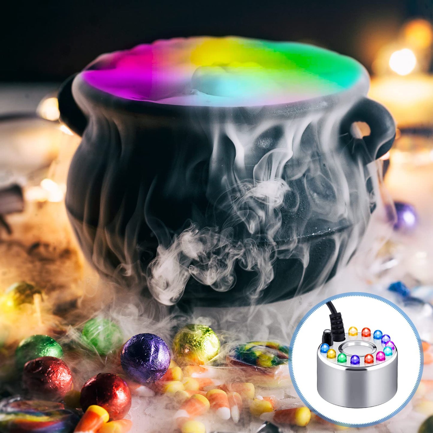 2 Pcs Mist Maker Fogger Small Ultrasonic Fog Machine Fountain Halloween Cauldron Mister Fogger Water Garden Pond Foggers Air Humidifier with 12 LED Light Flashes for Party(Light, Alloy)