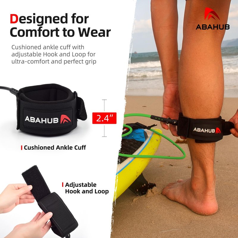 Abahub Premium Surfboard Leash, Straight Surf Board Leg Rope, Legrope Strap for Longboard, SUP Paddleboard Replacement Leashes 10 Foot Black 7 mm Thick