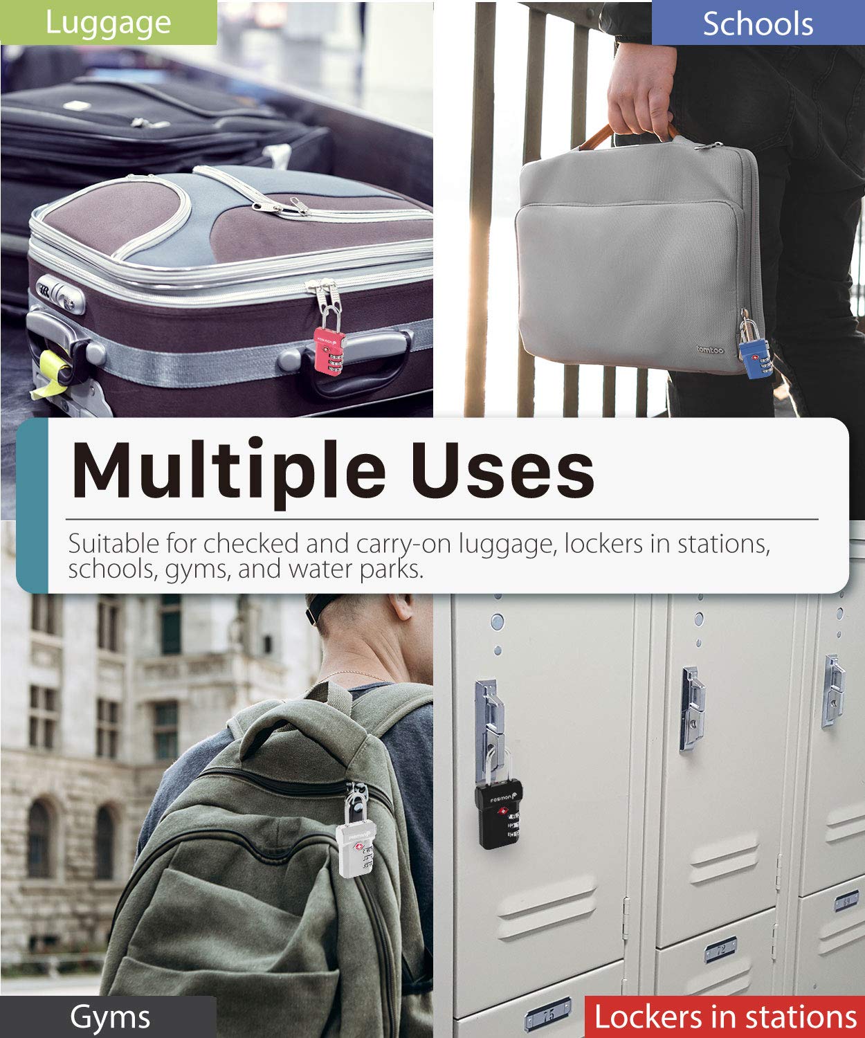 Fosmon TSA Approved Luggage Locks, Suitcase Travel Lock with Push Release Button, 3 Digit Combination Padlock for Gym Locker, Backpack Zipper- 4 Pack