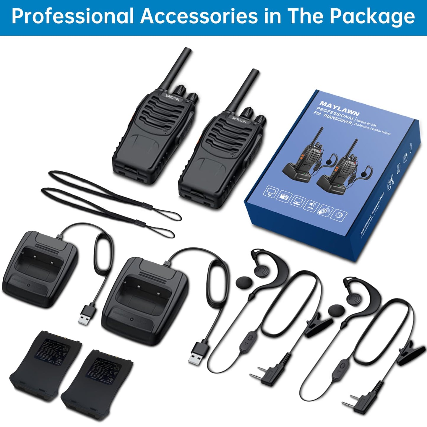 Maylawn Walkie Talkies Long Range 2Pcs, Walkie Talkies for Adults with Rechargeable Batteries, 2 Way Radio with LED Light Earpieces 16CH Supports VOX Function