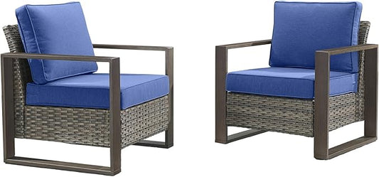 Rilyson Wicker Outdoor Patio Chairs Set of 2, Rattan Patio Furniture Chairs with Sturdy Frame,All-Weather PE Wicker,Wide Armrest,Deep Seating and Thick Cushions for Deck Porch Garden(Mixed Grey/Blue)