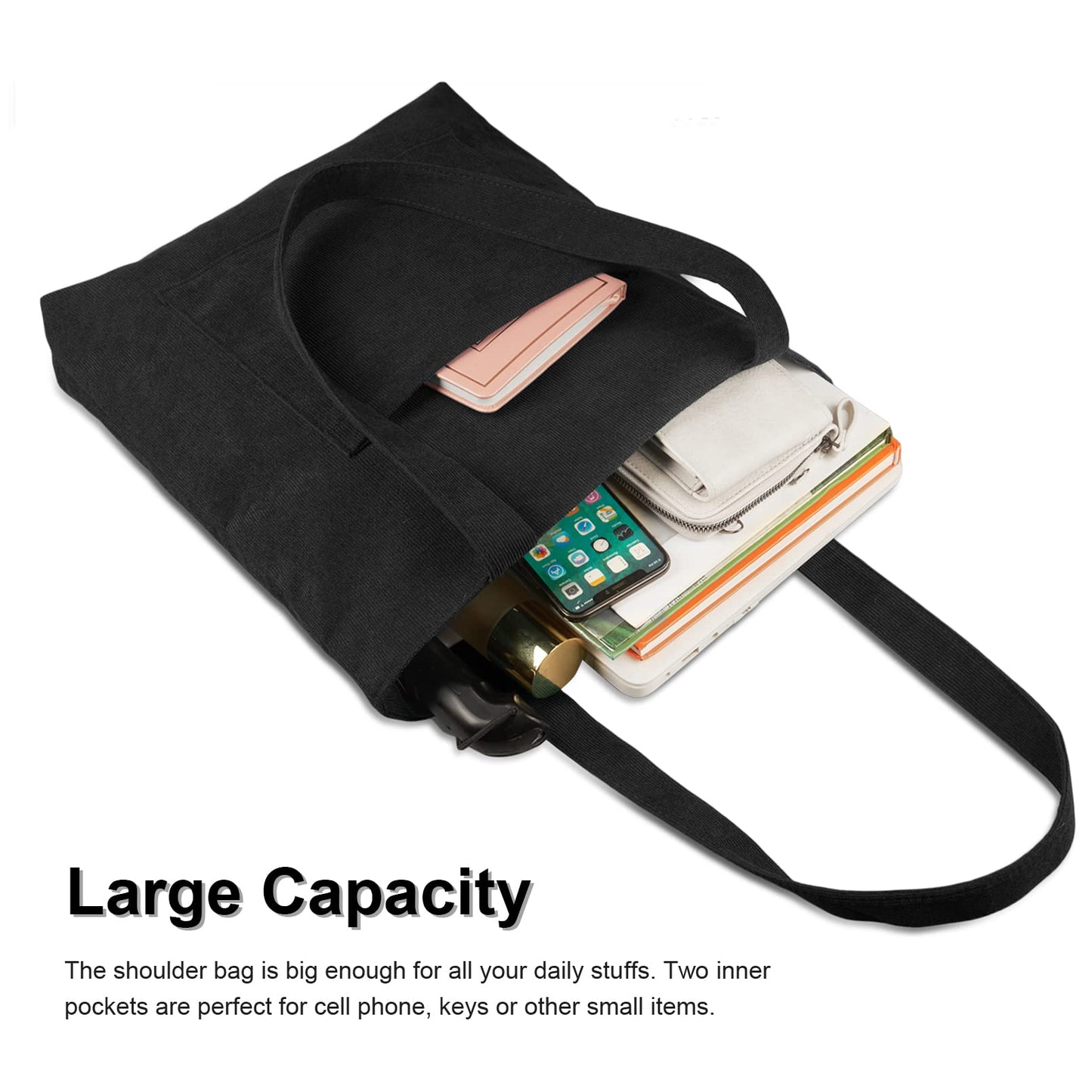 Kememo Corduroy Tote Bag with Zip, Shoulder Bag Women's Hobos Handbags Large Capacity Shopping Bag with Inner Pocket, Black