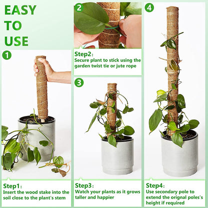 Moss Pole 56 Inch 142cm, 4 Pcs Moss Pole for Monstera, 45cm Coir Totem Pole Moss Stick for Climbing Plants Indoor Monstera Support Extension, Train Potted Creepers to Grow Upwards, 65 Feet Twist Tie