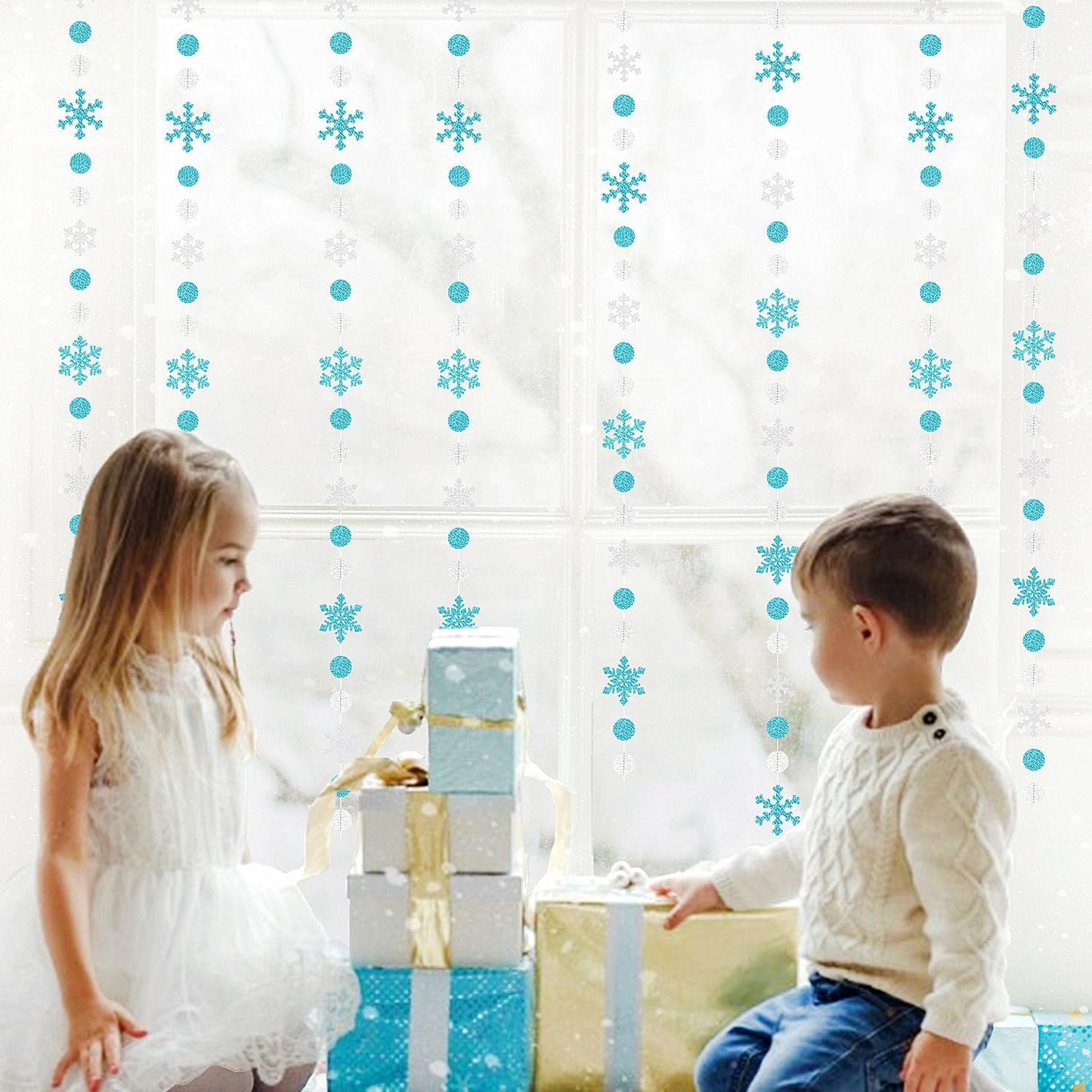 Snowflake-Snow Teal-Silver Christmas Party-Decoration Garland - 52Ft Turquoise White Winter Wonderland Frozen Hanging Paper Streamers,Birthday New Year Baby Shower Classroom Decor Lasting Surprise