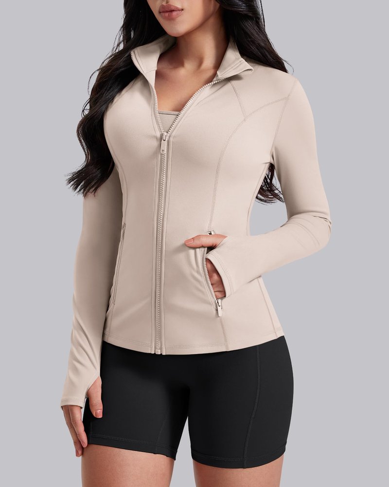 AVGO Womens Workout Jackets Lightweight Athletic Zip Up Jacket Slim Fit Running Gym Top with Pockets & Thumb Holes(Almond, S)