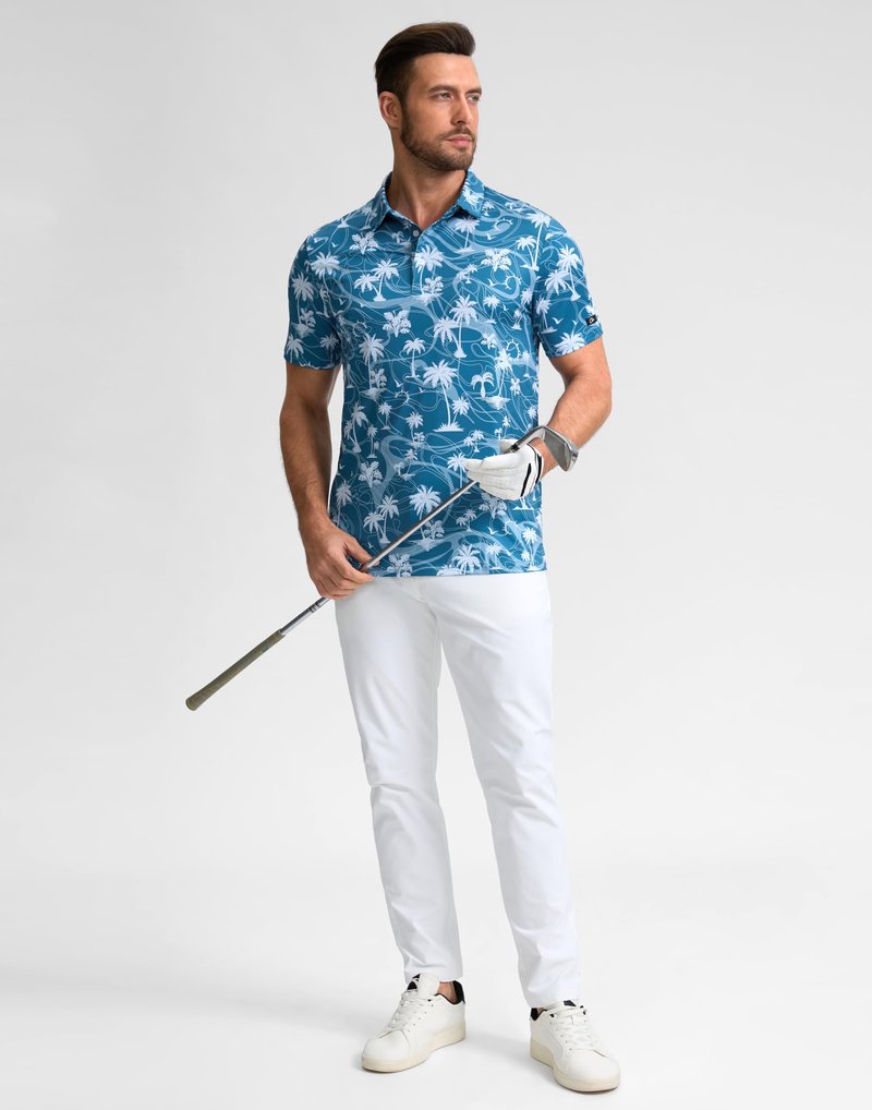 Obla Mens Golf Polo Shirts Short Sleeve Dry Fit Casual Print Collared Golf Shirts Wicking for Men(Blue Coconut Beach_4XL)
