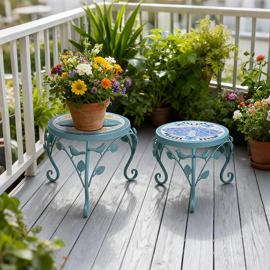 Rustic Metal Plant Stand Set of 2 Indoor & Outdoor Round Ceramic Top Butterfly Mosaic Planter Pot Stand Low Heavy Duty Flower Holder Rack for Patio Living Room Garden Farmhouse Accessory Decor Gift