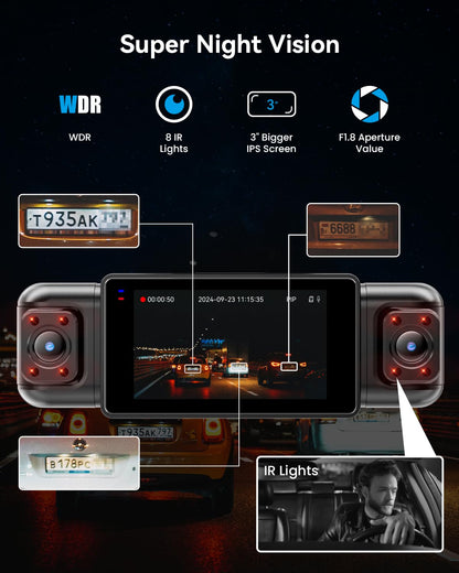 IIWEY N5 4 Channel Dash Cam 360° View, 1080P Front and Rear Inside, Left Right Dash Camera for Cars, 8 IR Lamps Night Vision, 5G WiFi & APP Control, G-Sensor, Parking Mode, with a Free 128GB SD Card