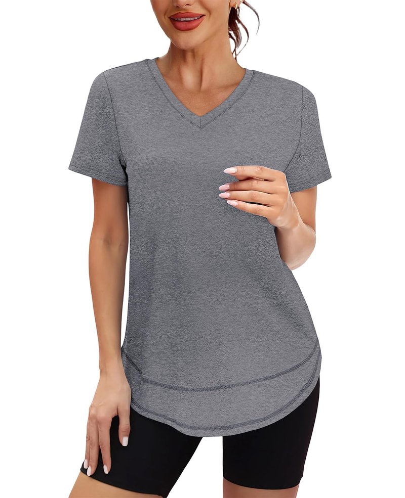 Workout Tops for Women Spring Summer Short Sleeve Golf Outfits Gym Essentials Activewear Running Shirts V Neck Grey S
