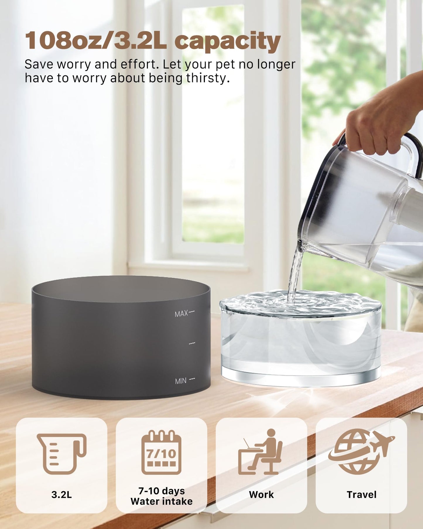 Cat Water Fountain: 108oz/3.2L Cat Fountain Super Silent Pet Drinking Dispenser - Water Fountains for Kitty Indoor - Quiet Pump and Faucet Design - Suitable for Cats and Dogs - BEMOONY