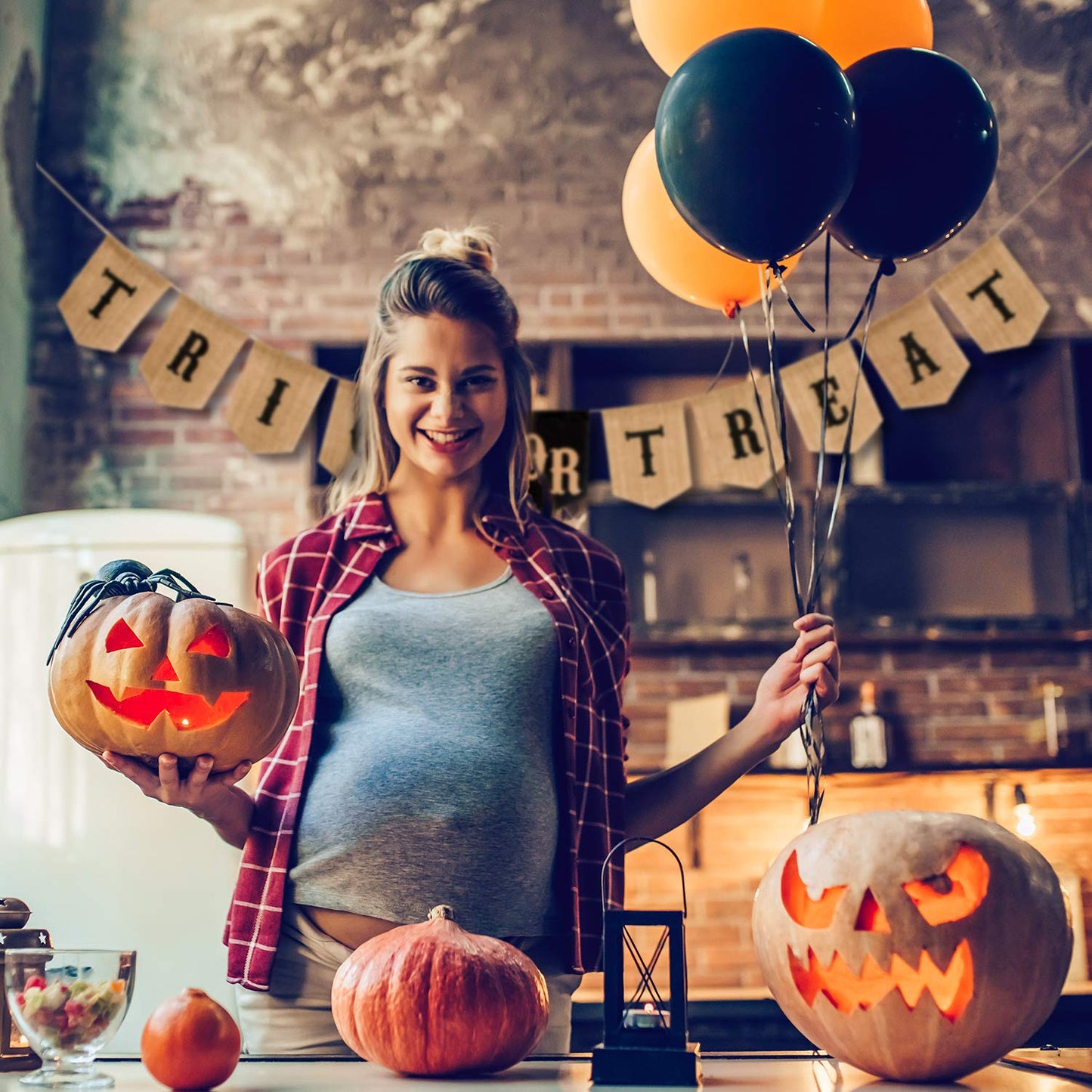 Whaline Halloween Trick or Treat Burlap Banner, Hanging Banner Home Decor Bunting Flag Fireplace Garland, Black, Orange