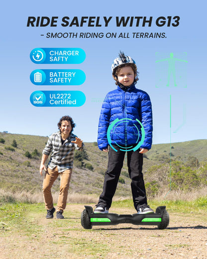 Gyroor Hoverboard New G13 All Terrain Hoverboard with LED Lights & Dual 250W motors, Self Balancing Off Road Hoverboards with Bluetooth for Kids ages 6-12 and Adults-Black