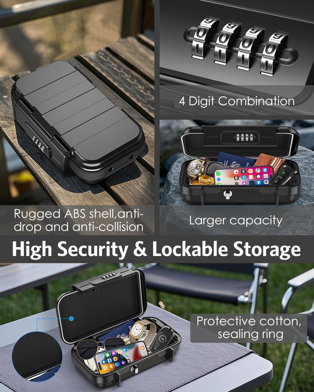 AMIR Portable Safe Box, Combination Security Case LockBox with Code, Waterproof Anti-Theft Mini Travel Safe Box with Removable Chain, Portable Lock Box for Home, Office, Christmas