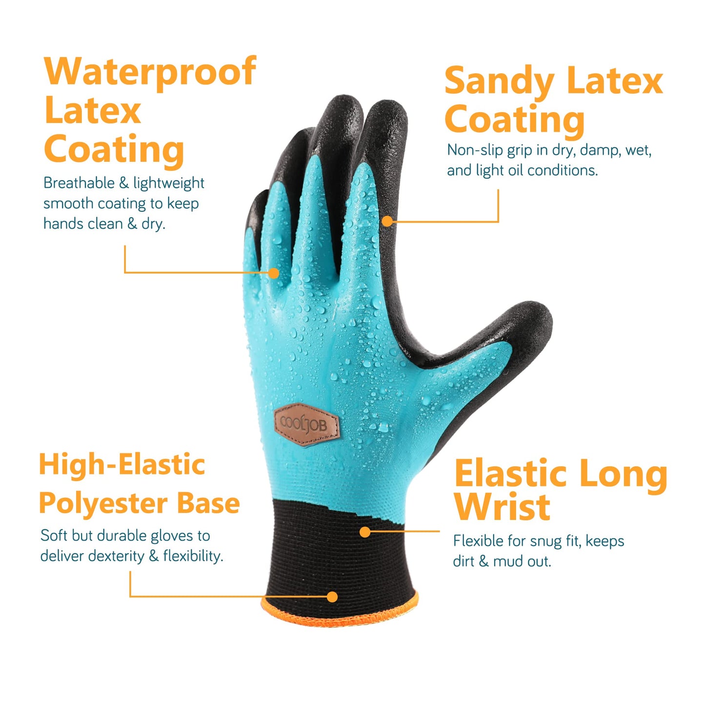 COOLJOB Waterproof Gardening Gloves for Women & Men, 2 Pairs Grip Double Latex Coated Work Gloves with Grip for Motorcycle, Car Washing, Blue & Black, Medium Size (2 Pairs M)