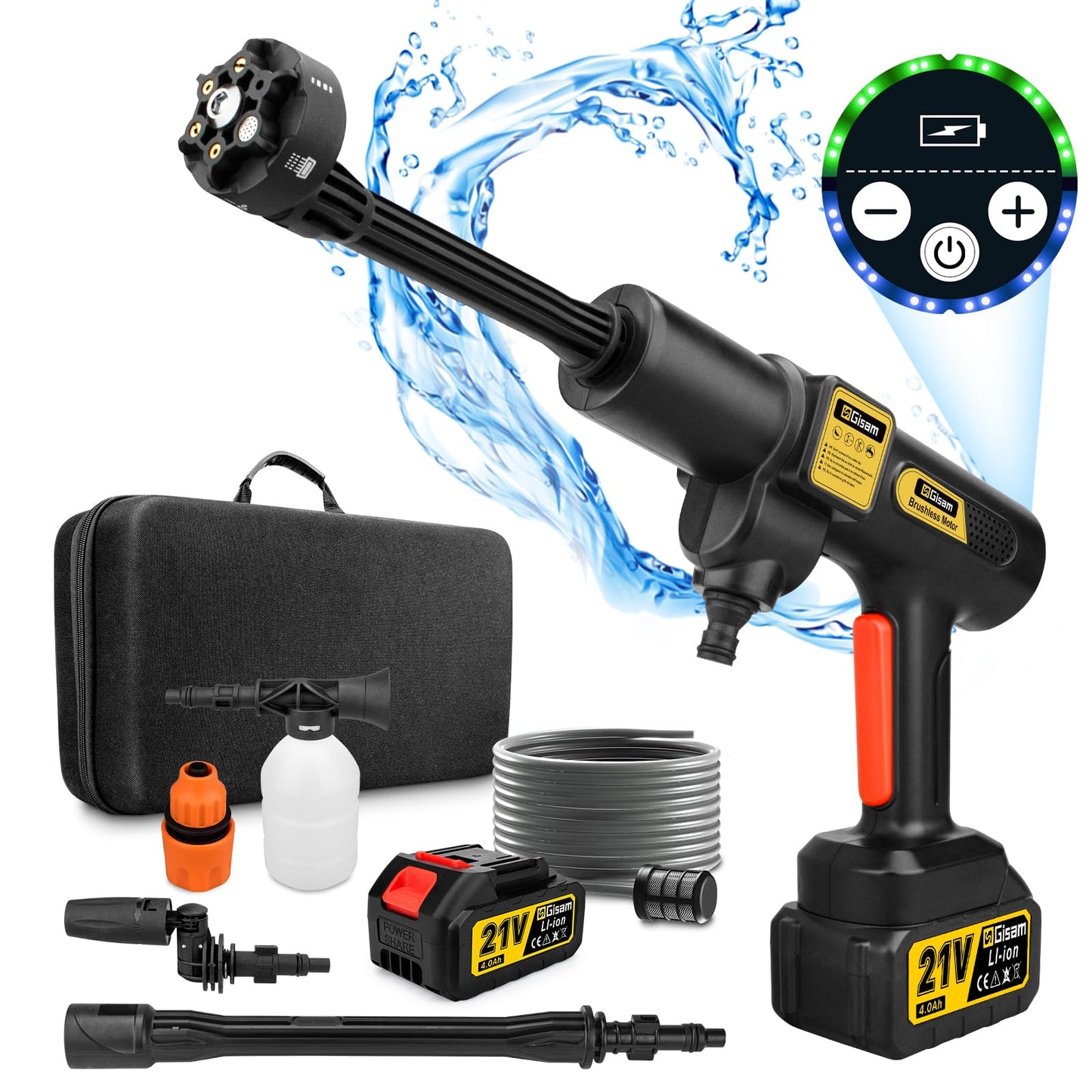 Gisam Cordless Pressure Washer, Max 65 Bar 943 PSI Jet Washers with 2 x 4000mA Batteries, Foam Sprayer, 6 in 1 Multi-function Nozzle & 180 Rotatable Nozzle for Cleaning and Irrigation (Gisam-01)