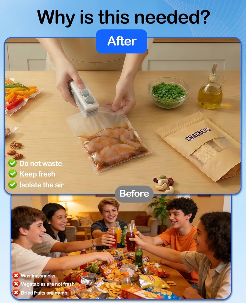 3-in-1 Mini Bag Sealer with Cutter and Magnet,Rechargeable Handheld Bag Sealer,Portable Heat Sealer for Heavy-Duty Plastic Snack & Chip Bags, Food Saver, Kitchen Storage