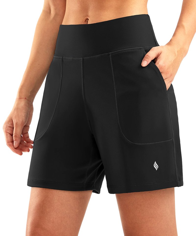 SANTINY Women's 6'' Athletic Long Shorts with 4 Pockets High Waisted Bermuda Shorts for Women Walking Running Casual (Black_L)