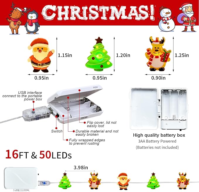 pozzolanas Christmas Fairy Lights, LED Christmas Tree Santa Claus Snowman Moose Lights Decoration, Waterproof Battery Powered Indoor Outdoor Decoration String Lights - 2Pack