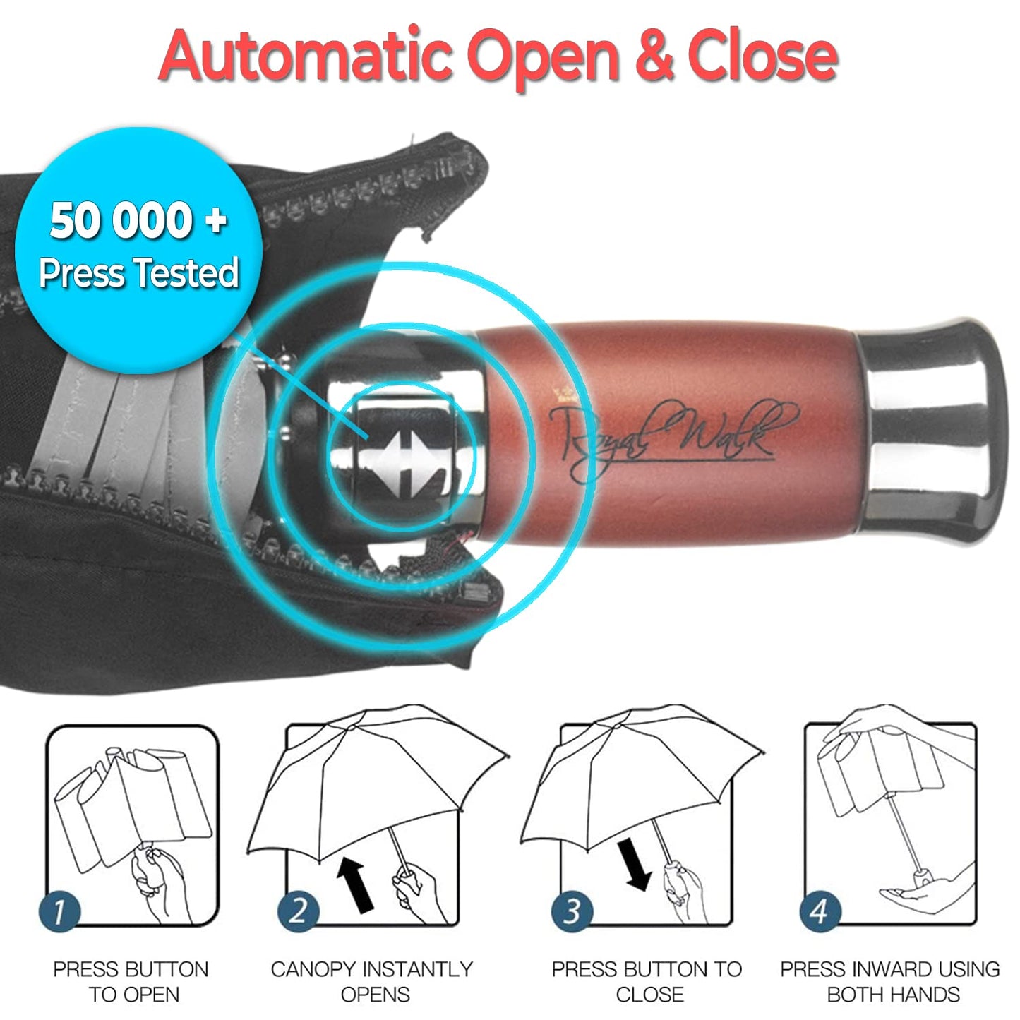 Royal Walk Windproof Folding Travel Umbrella Compact and Strong Luxurious Real Wood Handle Automatic Open Close Vented Double Canopy for Men and Women (Black)