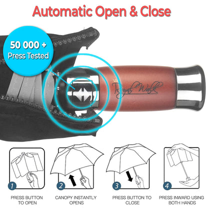 Royal Walk Windproof Folding Travel Umbrella Compact and Strong Luxurious Real Wood Handle Automatic Open Close Vented Double Canopy for Men and Women (Black)