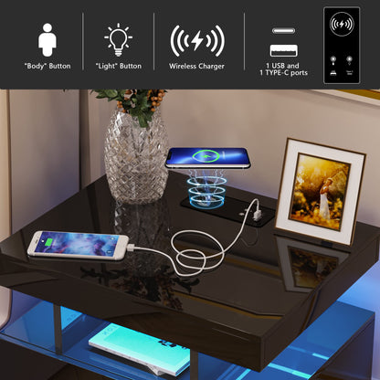 HNEBC Auto LED Nightstand with Wireless Charging Station & USB Ports,High Gloss Bedside Tables with 2 Drawers,Floating Nightstand with 3 Color & Adjustable Brightness Embedded LED Light Strip