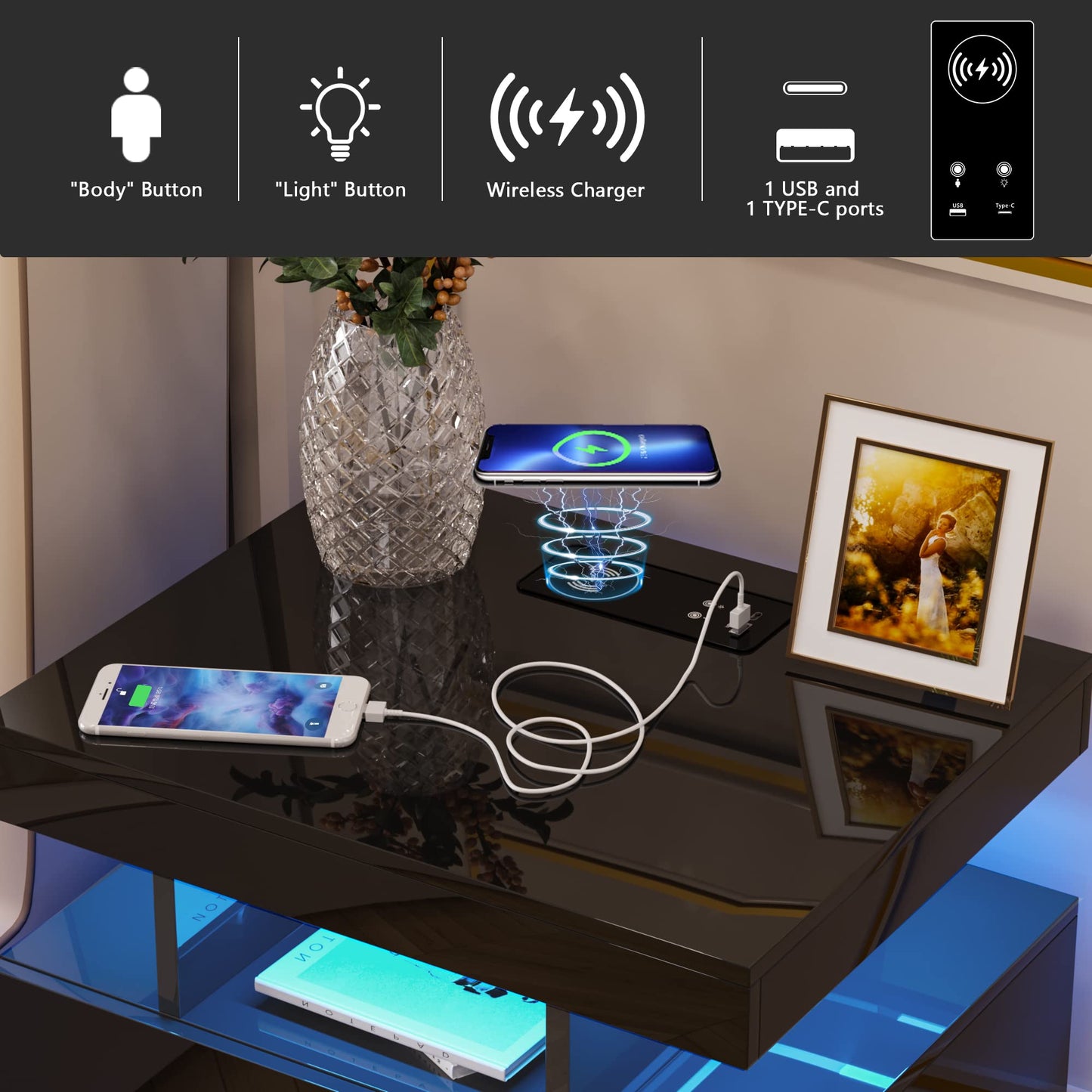 HNEBC Auto LED Nightstand with Wireless Charging Station & USB Ports,High Gloss Bedside Tables with 2 Drawers,Floating Nightstand with 3 Color & Adjustable Brightness Embedded LED Light Strip