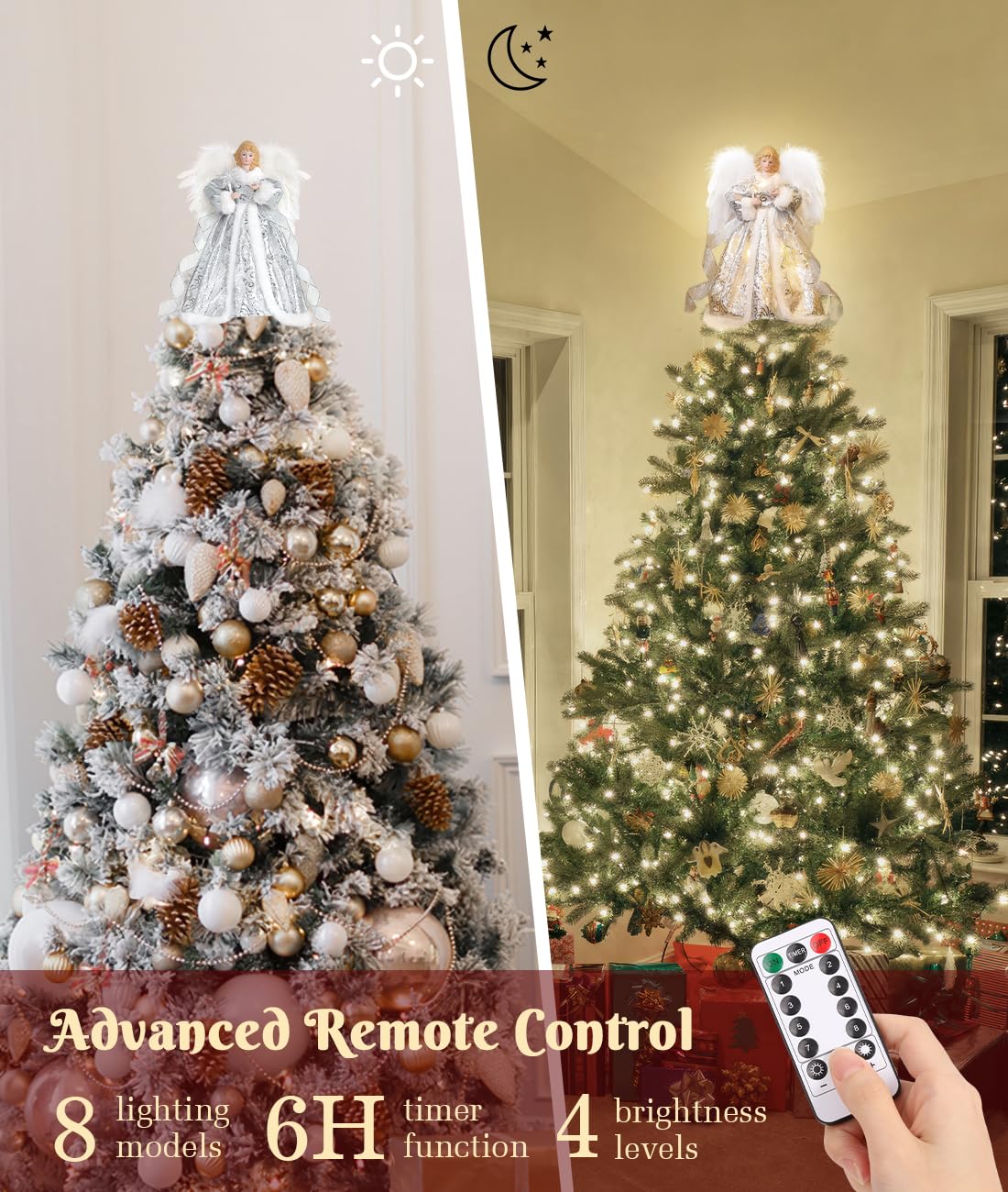 Luxspire Christmas Tree Topper, Angel Tree Topper with Lights, Angel Topper for Christmas Tree with Remote Control & Timer, USB Lighted Christmas Decorations for Holiday Home Indoor,White Dress